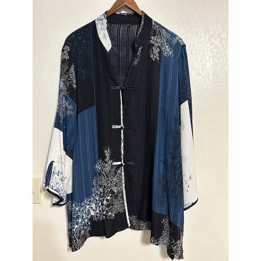 Womens Art To Wear Kimono Tunic Asian Patchwork Print Frog Buttons